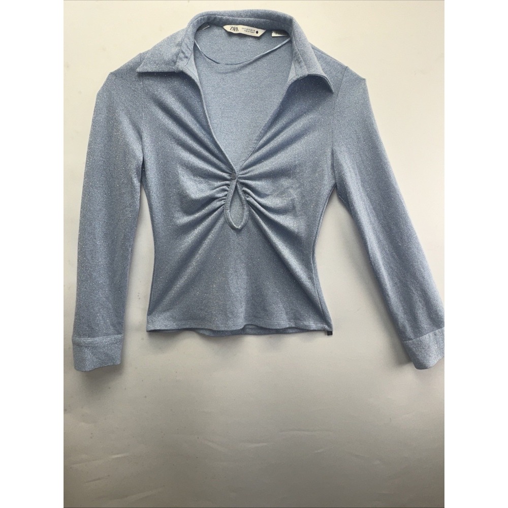 Zara women top Sz S Blue metallic ruched lapeled collard long sleeve button